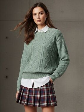 Hollister Cable Knit Cotton Crew Neck Sweater Sz M Sage Green Preppy Academia